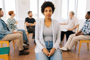 a woman participates in group therapy as part of her intensive outpatient program